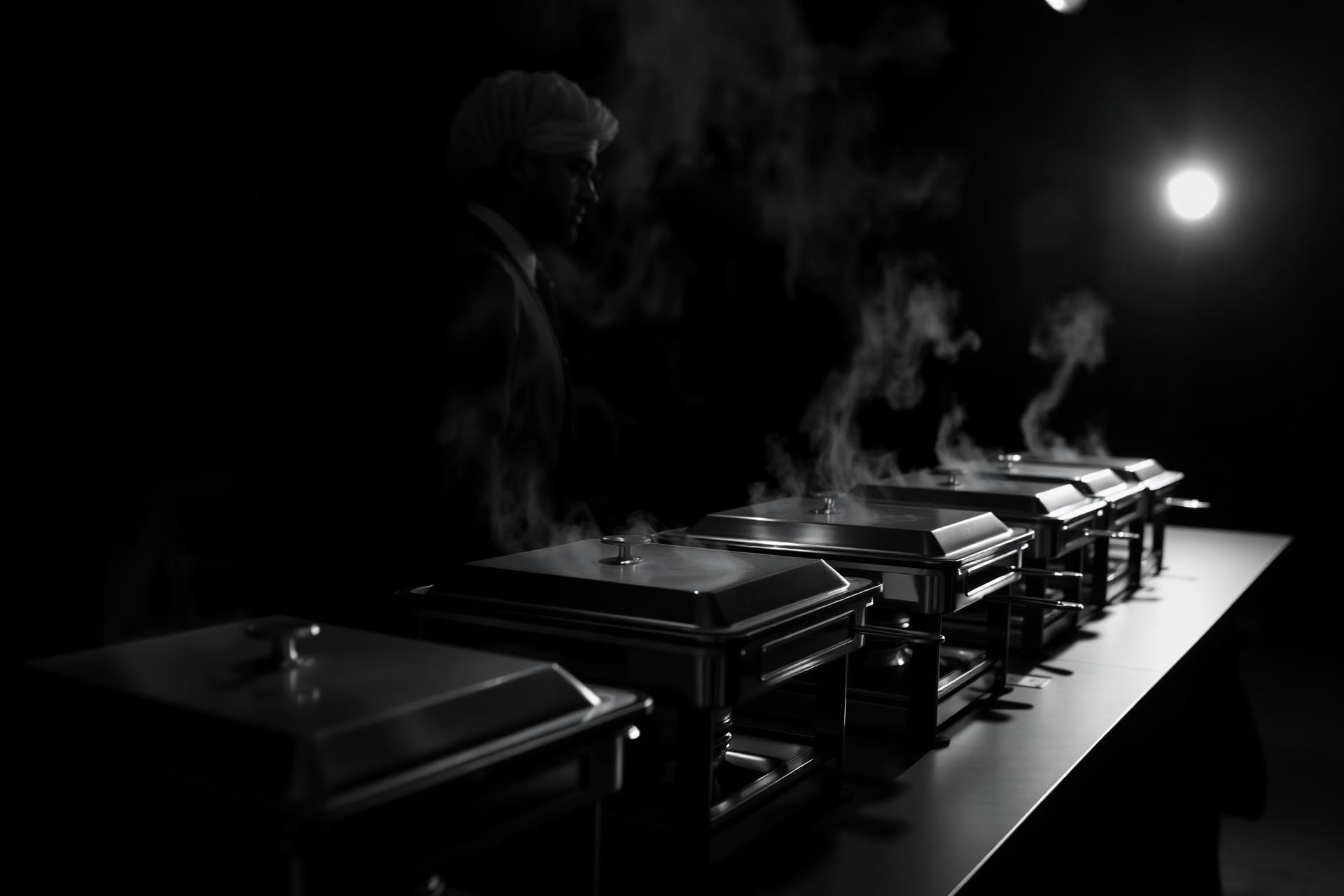 Steaming chafing dishes on a film set craft services table at dawn